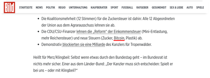 A screenshot of a German Bild news article discussing political coalition disagreements over sugar tax, CDU/CSU finance politicians rejecting income tax reforms and new sugar, plastic, and bitumen taxes, with the question of whether Merz or Klingbeil leads.