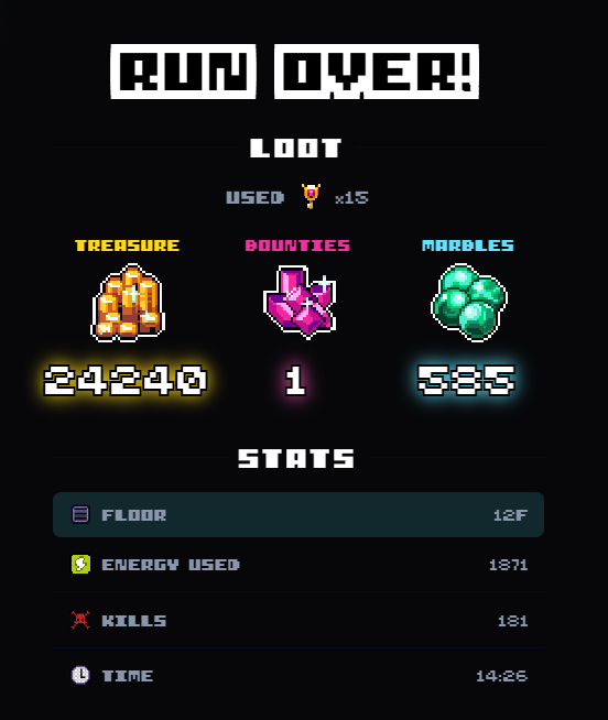 The image shows an item count for a virtual marble collection game, along with some statistics that highlight the player's performance. The top of the screen displays "Run Over!" followed by "Loot" which indicates players have completed mining operations and collected their rewards. The bottom portion focuses on various statistics regarding the player's gaming experience such as energy usage, energy efficiency, and the number of achievements (XP, XPH, CX, FFT) scored throughout gameplay. These details help to provide context for the player's progress in the game and what they can expect as they continue their journey through the virtual marble collection world.