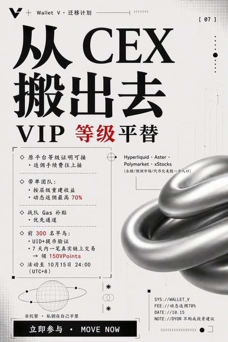 Chinese promotional poster titled '从 CEX 搬出去 VIP 等级平替' advertising Wallet V's migration plan with benefits like fee discounts and gas subsidies, featuring a large metal chain link.