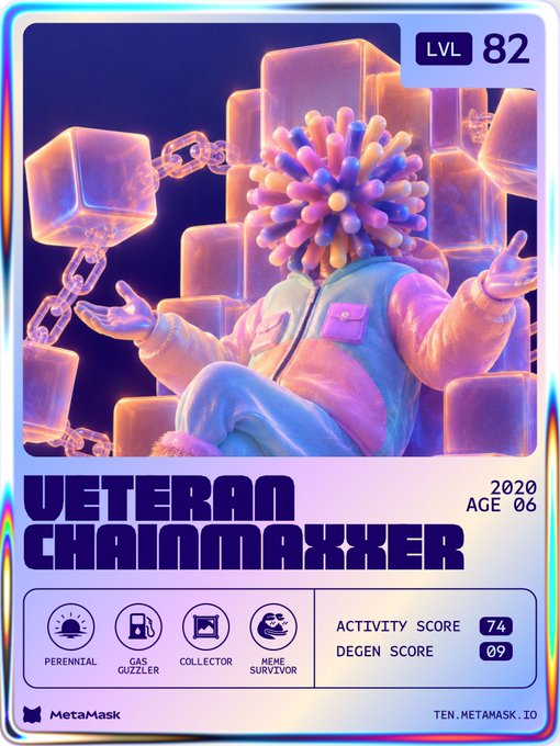 A MetaMask-themed NFT-style collectible card titled 'VETERAN CHAINMAXXER' showing a figure with a spiky purple headpiece surrounded by chains and cubes, labeled LVL 82, AGE 06 (2020), with traits like Perennial, Gas Guzzler, and a Degen Score of 09.