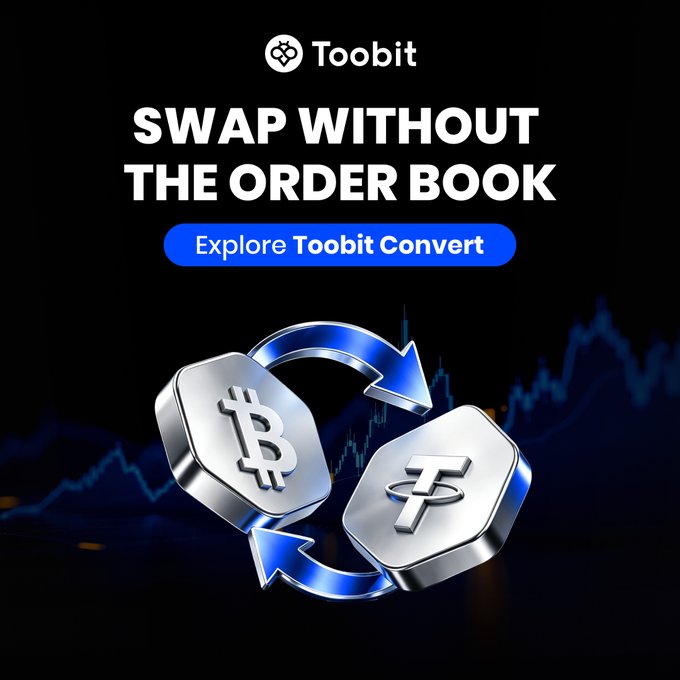A promotional graphic for Toobit with the text 'SWAP WITHOUT THE ORDER BOOK' and a blue 'Explore Toobit Convert' button, showing 3D silver Bitcoin and Tether coins exchanging over a dark blue trading chart background.