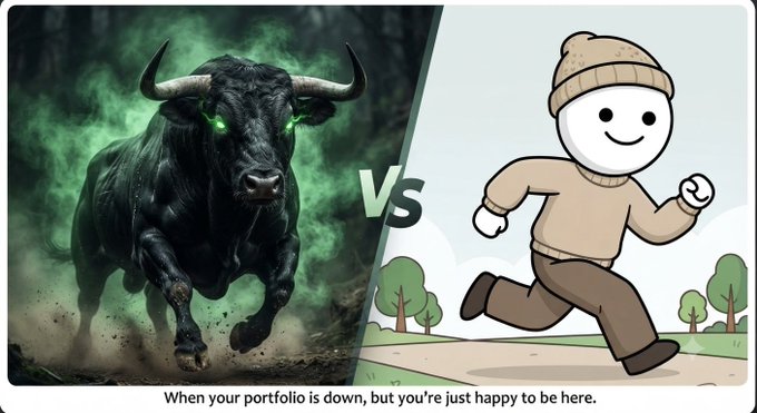 A meme shows a charging black bull with green eyes facing a cartoon running man, captioned 'When your portfolio is down, but you're just happy to be here.'
