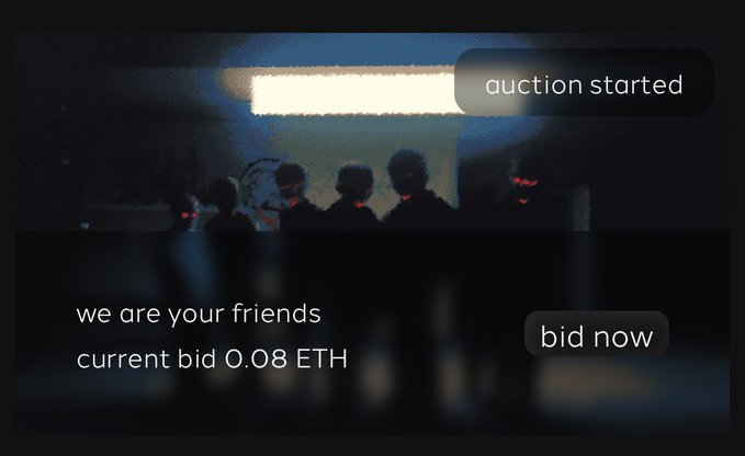 A dark webpage screen with silhouettes of people in a movie theater, displaying "auction started" and "we are your friends, current bid 0.08 ETH" with a "bid now" button.