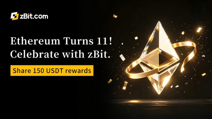 A promotional banner for zBit.com celebrating Ethereum's 11th anniversary with a 150 USDT reward giveaway, featuring a golden Ethereum logo with a festive ribbon against a black background. The text reads "Ethereum Turns 11! Celebrate with zBit." and "Share 150 USDT rewards," tying into the contest's invitation to create AI artwork combining the zBit Zoroo mascot with the Ethereum logo.