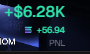 A trading dashboard shows a balance of $6.28K PNL of +66.94 with what appears to be the ticker 'OMOM'.