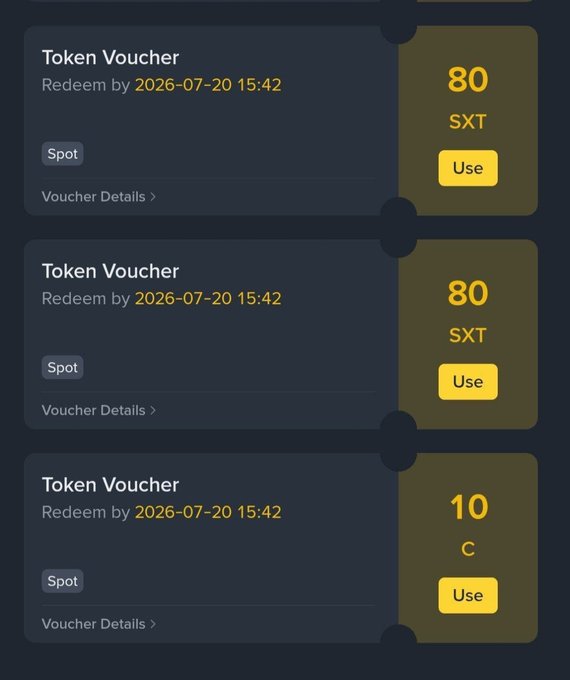 Three token vouchers displayed on a dark interface, each redeemable by 2026-07-20 15:42 for Spot trading: two worth 80 SXT and one worth 10 C, all with 'Use' buttons.