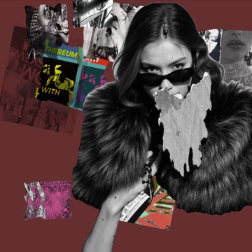 A digital collage features a woman in sunglasses wearing a furry coat against a maroon background, with various images and posters including text reading 'FORUM', 'WITH', and 'OUT OF TIME'.