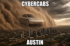A futuristic white car flies through the air amid a massive dust storm over a city skyline, with text reading "CYBERCABS" at the top and "AUSTIN" at the bottom, humorously illustrating the unpredictable arrival of robotaxis in Austin alongside a joke about paying with Dogecoin.