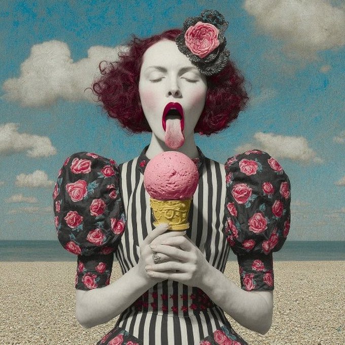 A surrealist photograph of a woman with red hair, white face paint, and a striped dress holding a pink ice cream cone with her tongue out, set against a blue sky background.
