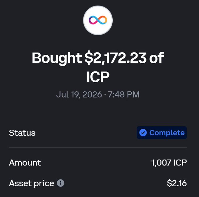 A confirmation receipt showing a completed purchase of 1,007 ICP for $2,172.23 at an asset price of $2.16 on July 19, 2026, which visually supports the poster's claim of adding to their $ICP holdings while making a bullish prediction about ICP Open Cloud's future in cloud computing.