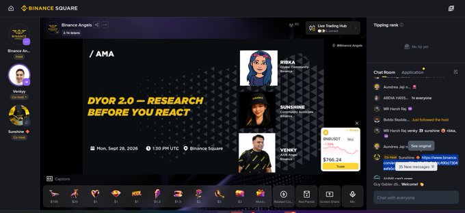 Screenshot of a Binance Square AMA session titled 'DYOR 2.0 – Research Before You React' scheduled for September 28, 2026, featuring speakers Rikka, Sunshine, and Veeky.