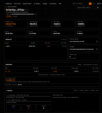 A dark-themed cryptocurrency analytics dashboard showing real-time data for token 'bc1q...4gc...3rkqs' with metrics including $250.00 Tx/s, 169.09 G, 24,889.0, and 0.559%, along with sections for Workers, Recent Work, and Network.