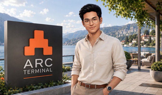 A young man with glasses and a cream-colored shirt stands beside an "ARC TERMINAL" sign, with a scenic coastal landscape and mountains visible in the background.