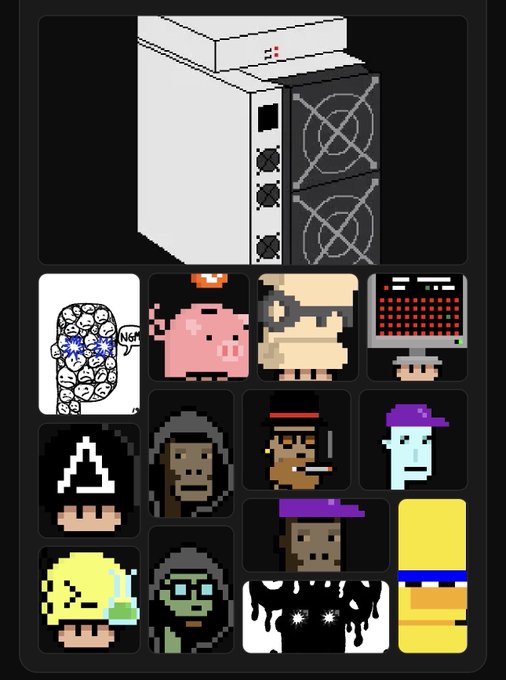 A pixel art layout displays a large white computer tower above a grid of various small character avatars, including a pink pig and hooded figures.