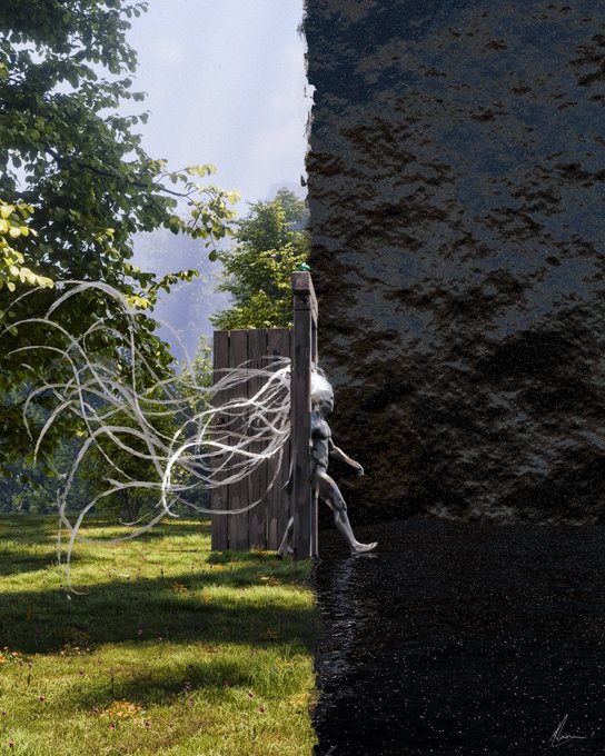A surreal digital artwork depicting a white-haired figure walking through a wooden door, transitioning from a sunlit green landscape on the left to a dark, starry void on the right.
