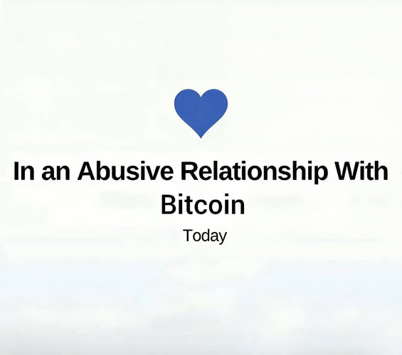 The image features a caption that reads "In an abusive relationship with Bitcoin" against a gray background. The post also includes a heart symbolizing love or care within the context of the message. The number 400, as well as some text elements like "BTC," "declared dead," and "still sitting at $1.2T," give further clues about this post's content. It seems to be an advertisement, promoting something called Bitcoin in the context of a relationship warning against abusive behavior towards it.