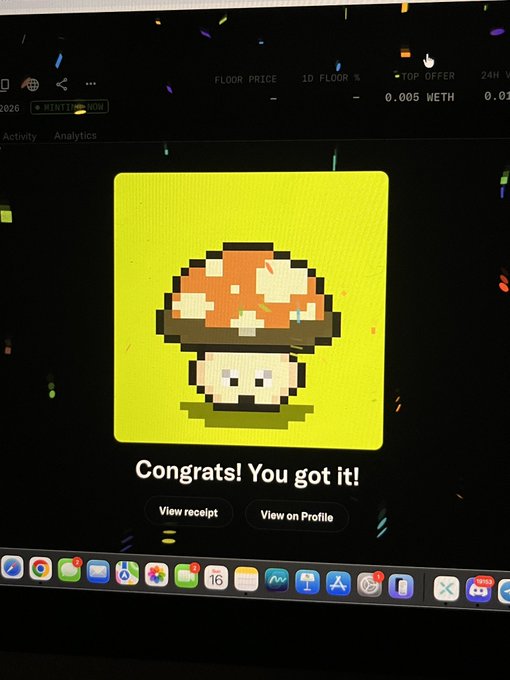 A computer monitor displaying a pixel art mushroom NFT with the text 'Congrats! You got it!' along with buttons to 'View receipt' and 'View on Profile'.