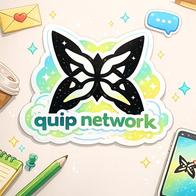 A digital illustration of a black butterfly sticker with a galaxy pattern on a pastel watercolor background, labeled 'quip network' in green text, surrounded by small icons of a letter, coffee cup, and phone.
