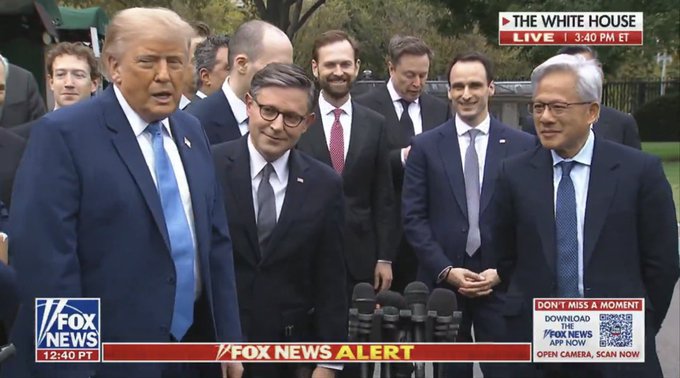 A Fox News broadcast from The White House Live at 3:40 PM ET showing President Trump speaking alongside several officials including Mike Johnson and Jensen Huang, with a "FOX NEWS ALERT" banner.