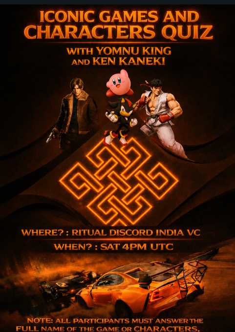 A promotional poster for an 'ICONIC GAMES AND CHARACTERS QUIZ' featuring Yomnnu King and Ken Kaneki, along with Shadow the Hedgehog and Kirby, scheduled for 'RITUAL DISCORD INDIA VC' on 'SAT 4PM UTC'.