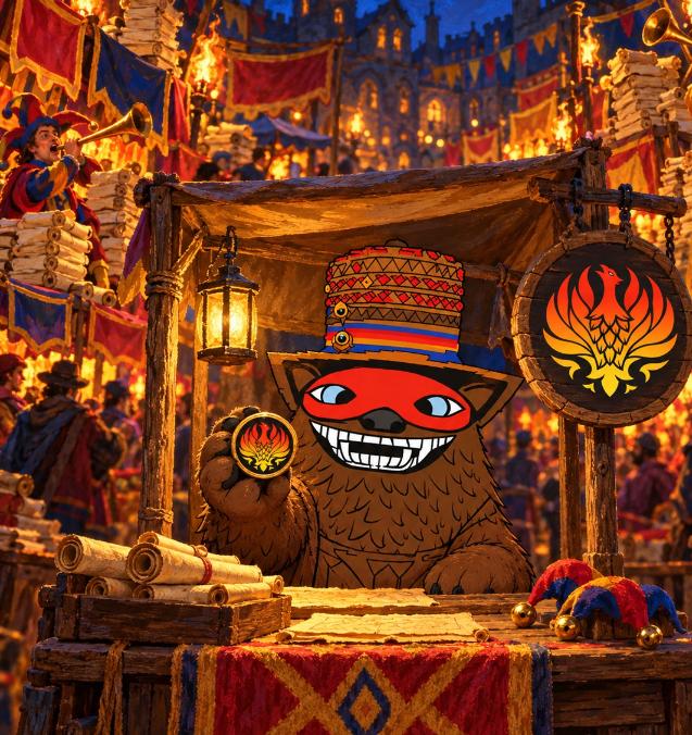A fantasy illustration of a brown bear wearing a colorful patterned hat and a red eye mask, sitting at a medieval market stall holding a token, with a phoenix emblem on a wooden sign.