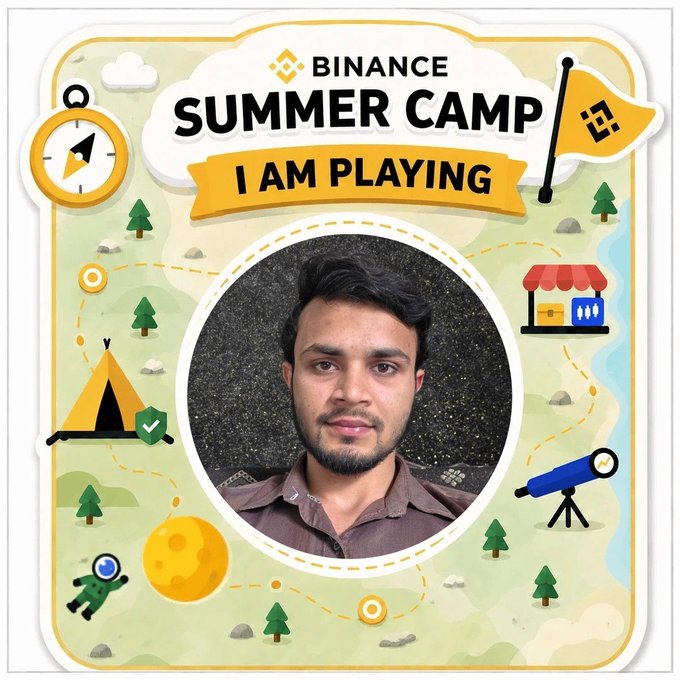 A 'Binance Summer Camp' promotional graphic with the text 'I AM PLAYING,' featuring a central portrait of a young man with dark hair and a beard, surrounded by camping-themed illustrations.