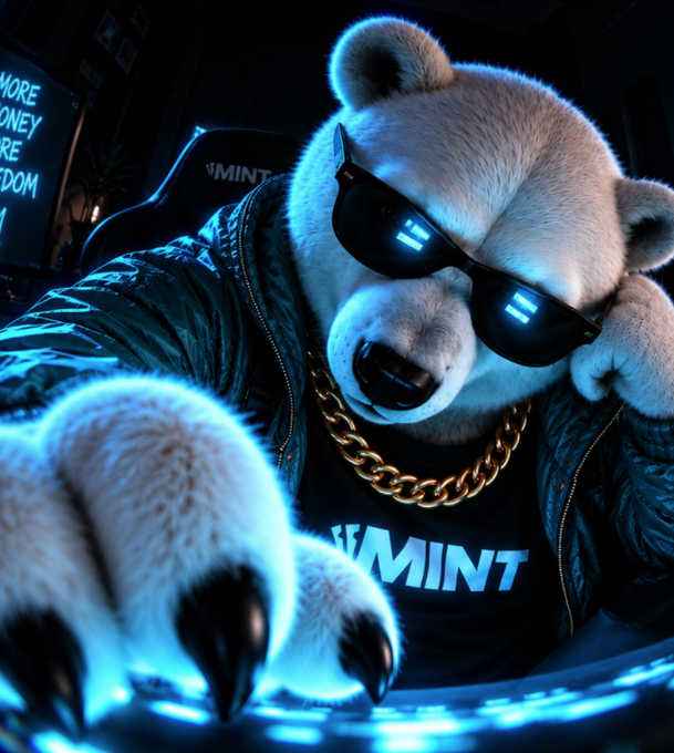 A 3D-rendered bear character wearing sunglasses, a gold chain, and a black shirt with 'VMINT' text, pointing toward the camera under blue lighting.