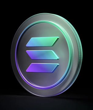 A metallic cryptocurrency coin featuring the Solana logo—three stylized horizontal bars in a gradient of teal, blue, and purple—stands against a dark background. The coin's iridescent Solana emblem visually represents the cryptocurrency reclaiming its position as the highest-volume trading terminal currency.