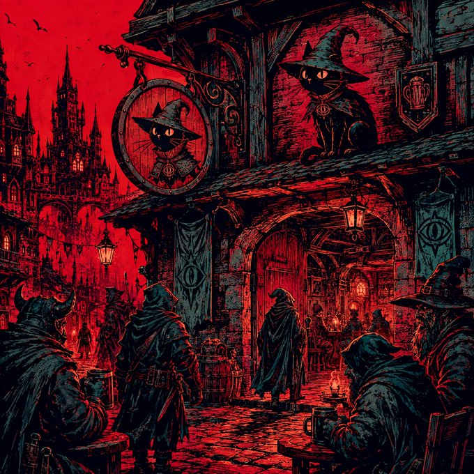A dark fantasy illustration depicting a medieval-style tavern scene with witches in pointed hats, black cats, and a gothic castle silhouette against a red sky.