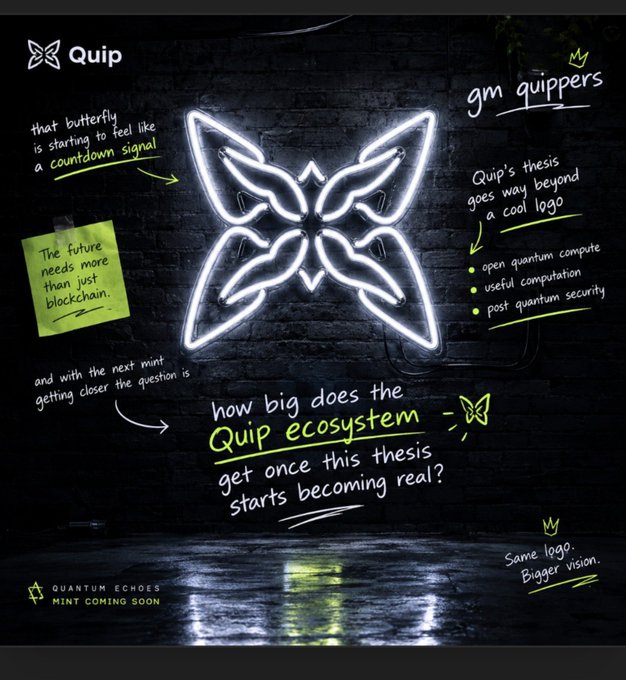 A dark promotional image for 'Quip' featuring a glowing neon butterfly logo with handwritten annotations including 'Quantum Echoes Mint Coming Soon', 'gm quippers', and references to 'open quantum compute' and 'post quantum security'.