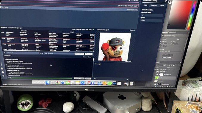The image shows a computer monitor displaying the Generative Lab software interface, where a 3D rendering of a character wearing a gas mask and red cap is being processed as part of an NFT collection called "Clay Stonks" by HashLips. Below the monitor are various small figurines and a Mac Mini, reflecting the creator's journey of independently handling the generative art and metadata production for their NFT project.