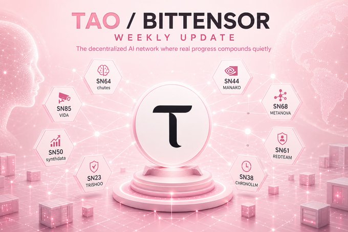 A pink-toned graphic for the "TAO / BITTENSOR WEEKLY UPDATE" featuring the central Tao logo on a pedestal, surrounded by hexagonal subnet icons labeled SN64 chutes, SN85 VIDA, SN50 synthdata, SN23 TRISHOO, SN44 MANAKO, SN68 METANOVA, SN61 REDTEAM, and SN38 CHRONOLLM, visually representing the post's concept of a decentralized AI network made up of multiple competing specialized subnet teams.