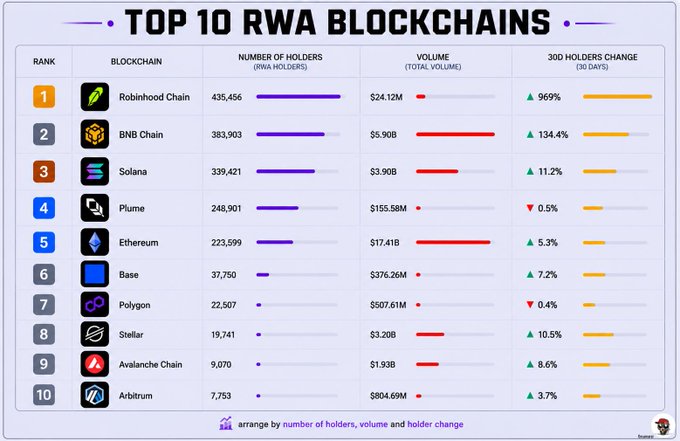 An infographic titled 'TOP 10 RWA BLOCKCHAINS' ranking blockchains by holders, volume, and 30-day holder change, led by Robinhood Chain, BNB Chain, Solana, Plume, and Ethereum.