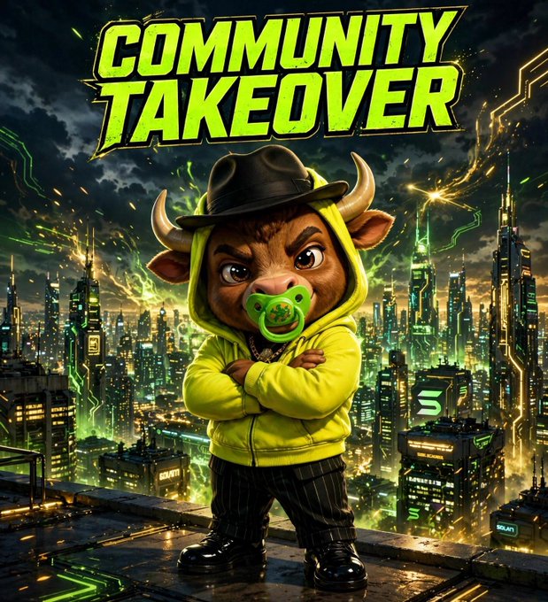 A promotional graphic titled "COMMUNITY TAKEOVER" featuring a cartoon bull wearing a yellow hoodie and black hat standing in front of a futuristic cityscape.
