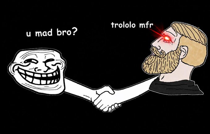 A Trollface meme shakes hands with a "Chad" character whose eyes glow red, with text reading "u mad bro?" above the trollface and "trololo mfr" above the Chad. The image relates to the post by portraying a playful, mocking handshake between the troll persona and a "Chad" figure, fitting the celebratory but irreverent tone about $TROLL and $ansem's listing on Crypto.com.