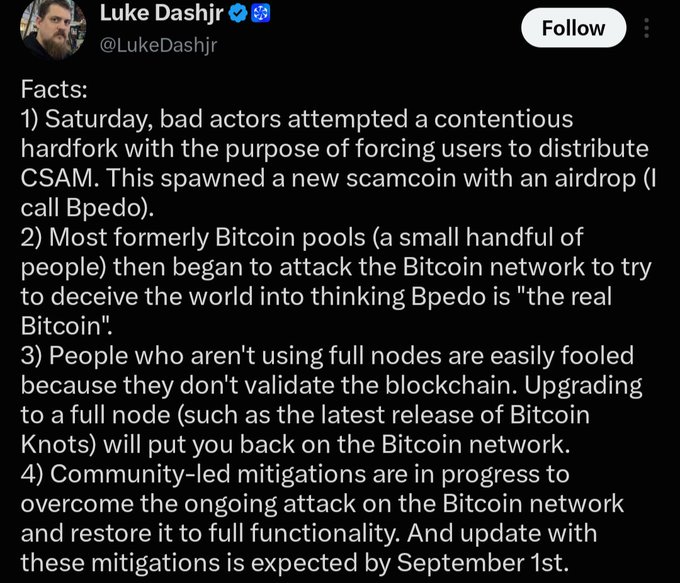 Another screenshot of Luke Dashjr's (@LukeDashjr) post listing the same four facts about the Bitcoin hardfork attack and the Bpedo scamcoin, noting community mitigations expected by September 1st.