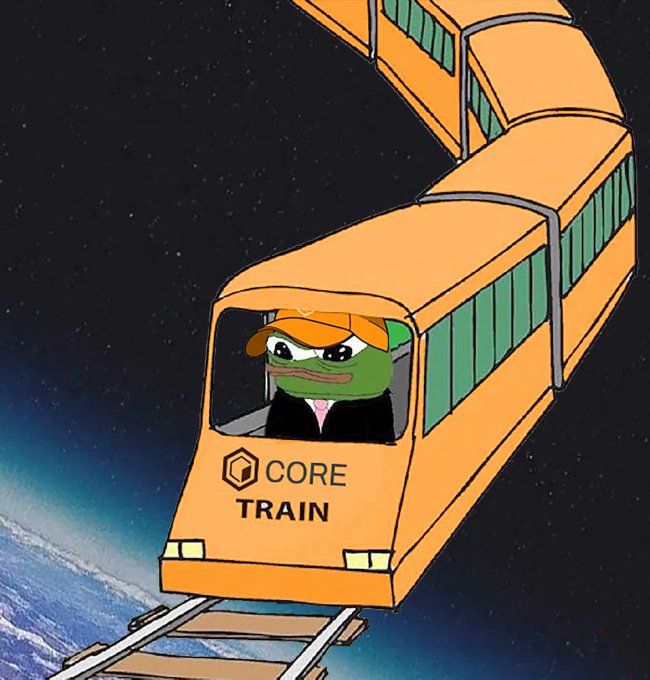 A cartoon illustration depicts an angry Pepe the Frog wearing a suit and driving an orange train labeled 'CORE TRAIN' through space, orbiting above Earth.
