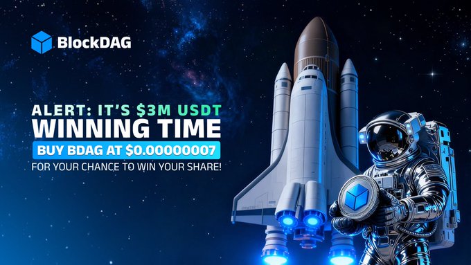 An astronaut holding a BlockDAG coin stands beside a rocket against a starry background, promoting a $3M USDT giveaway with a BDAG purchase price of $0.00000007—directly visualizing the crypto giveaway's space/launch imagery as a metaphor for the project's upward momentum.