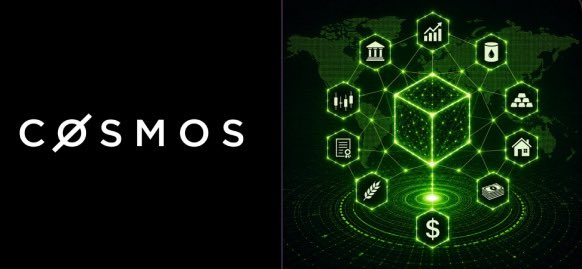 Black and green promotional image for 'CØSMOS' featuring a glowing green cube surrounded by connected hexagonal icons and a world map background.