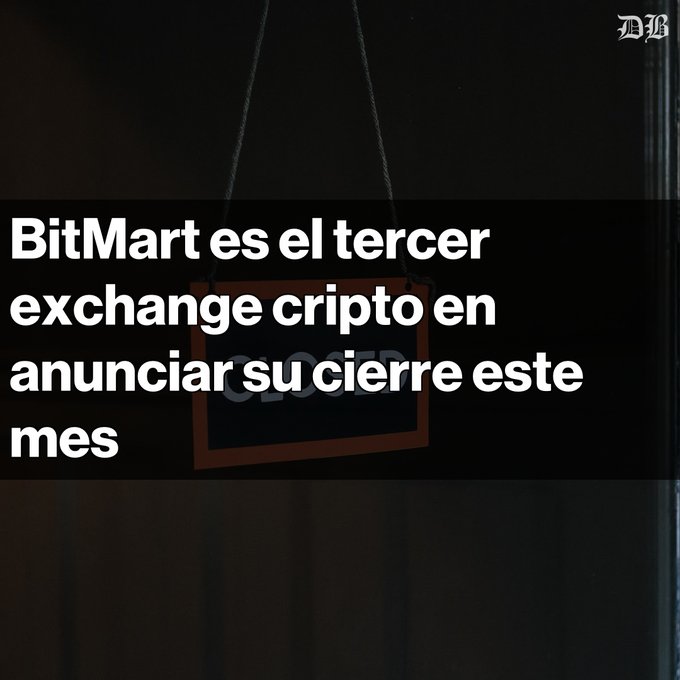 An image with a dark background features a 'CLOSED' sign and Spanish text reading: 'BitMart es el tercer exchange cripto en anunciar su cierre este mes'.
