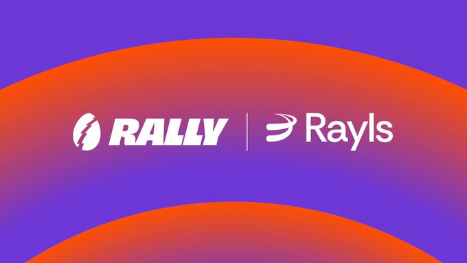 The image displays the co-branded logos of "RALLY" and "Rayls" set against a vibrant purple and orange gradient background, symbolizing a partnership. This visually represents the collaboration highlighted in the accompanying post about Rayls Sovereign technology, which enables banks to operate their own EVM-compatible sovereign ledgers with full institutional control.