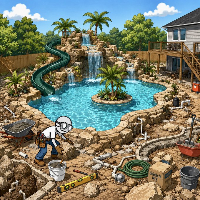 An illustrated scene depicting a worker building a tropical backyard pool with a waterfall, water slide, and plumbing, alongside tools, concrete mix, and pipes.