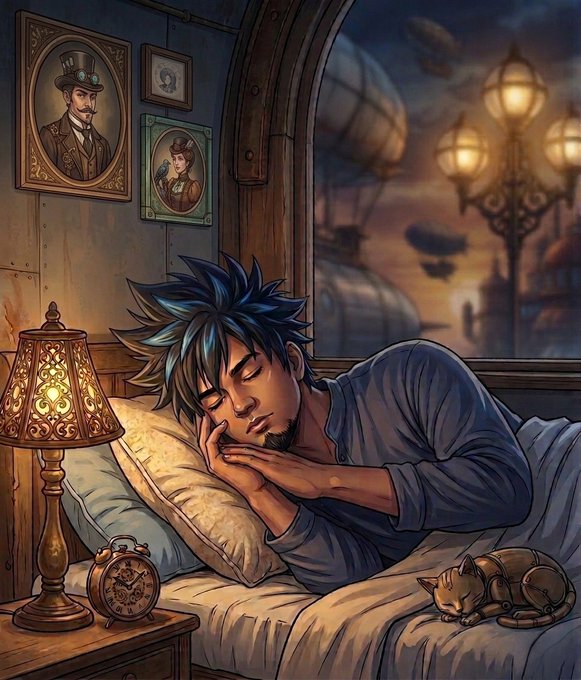 The image features a man sleeping peacefully with two cats - one cat is lying next to him while the other cat is sitting up. The scene takes place near a bedside table that has an alarm clock, lamp, and picture frames on it. There are also some pictures hanging above the bed.