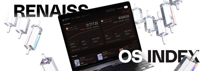 A promotional banner for 'RENAISSANCE OS INDEX' featuring a laptop displaying a crypto dashboard with 'The Index' showing a value of 21,777.22, surrounded by floating crystal prisms.