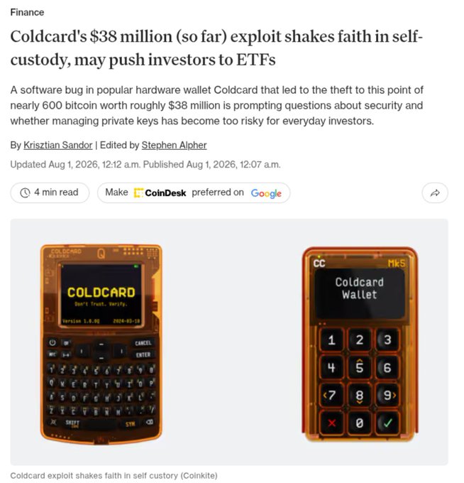 The image shows a CoinDesk article headline reading "Coldcard's $38 million (so far) exploit shakes faith in self-custody, may push investors to ETFs," accompanied by photos of two Coldcard hardware wallet devices (an older model with a physical keyboard on the left and the newer Mk5 version on the right, both with translucent orange casings), which illustrates the hardware wallets at the center of the reported firmware vulnerability that has so far resulted in the theft of nearly 600 bitcoin.