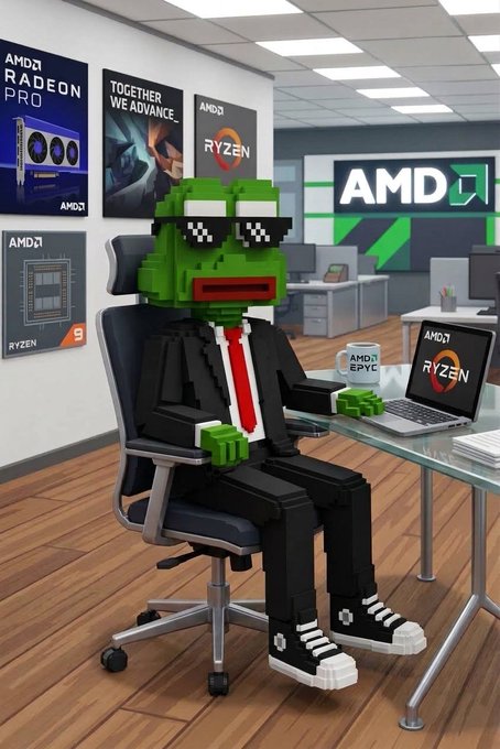A digital artwork shows a pixelated green character wearing 'deal with it' sunglasses and a business suit sitting at a desk surrounded by AMD Ryzen and Radeon Pro branding and posters.