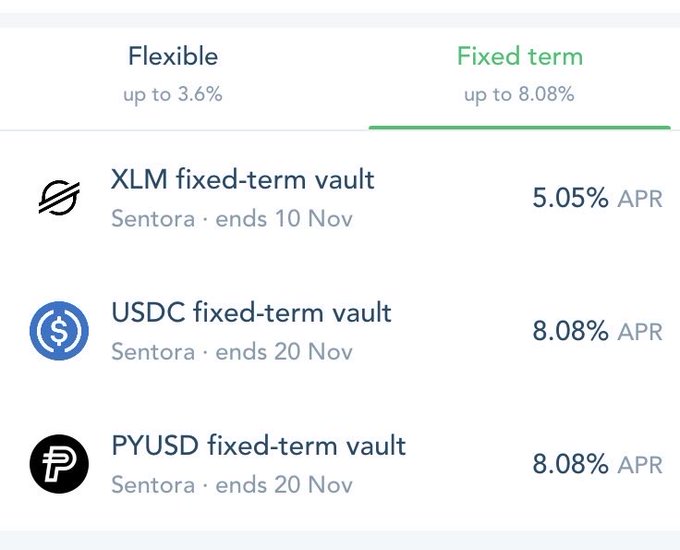 A screenshot shows fixed-term cryptocurrency vault options including 'XLM fixed-term vault' at 5.05% APR, 'USDC fixed-term vault' at 8.08% APR, and 'PYUSD fixed-term vault' at 8.08% APR, all under a 'Sentora' label.