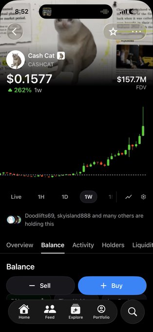 A screenshot of a crypto trading app shows the "Cash Cat" ($CASHCAT) token at a price of $0.1577 with a 262% weekly gain and a $157.7M FDV, with a candlestick chart showing strong upward momentum—celebrating the token's recent Robinhood US listing.