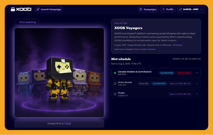 A screenshot of the XOOB NFT launch platform showing the 'XOOB Voyagers' collection with a 3D robot character on a purple background, with minting scheduled to start August 3, 2026 at 17:00 UTC.