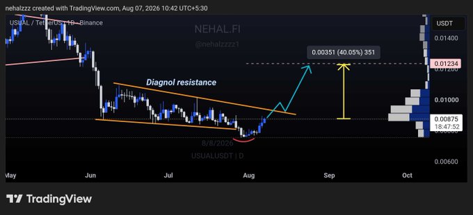 A daily candlestick chart of USUAL/USDT (NEHAL.FI on Binance) shows price breaking out of a falling wedge pattern below a descending diagonal resistance line, with a projected target of 0.01234 representing 40.05% upside (351% relative to the 0.00875 support level). The volume profile on the right highlights concentrated buying interest around the 0.01200 zone, visually reinforcing the post's bullish breakout thesis.